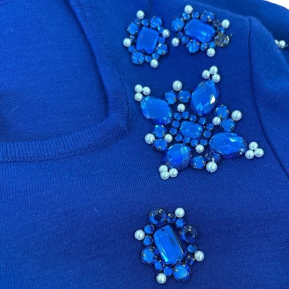 90s OUTLANDER ROYAL BLUE KNIT BODYCON MIDI DRESS & BLUE GEM & PEARL ACCENTS SZ M - Picture 6 of 7